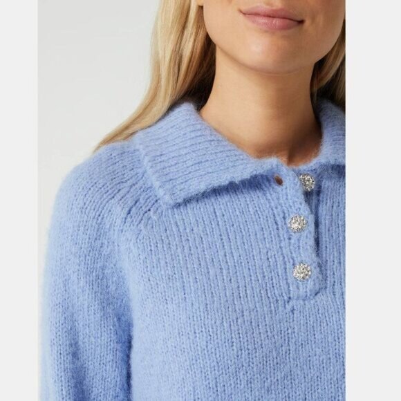 VERO MODA | Mabel Fuzzy Raglan Sleeve Sweater Blue w/ Rhinestone Buttons Sz L - Picture 2 of 15
